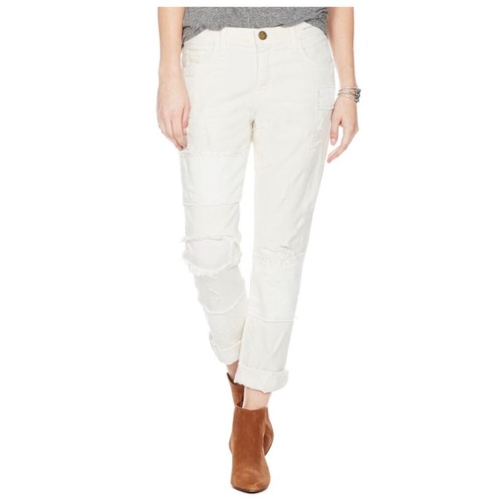 Current/Elliott‎ The Fling White Moto Distressed Slim Boyfriend Patch Jeans 28